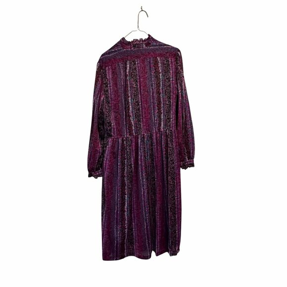 ✨Diolen Size 44/ L US Vintage Multicolor Dress With Ruffle Collar & Long Sleeves - Picture 2 of 9